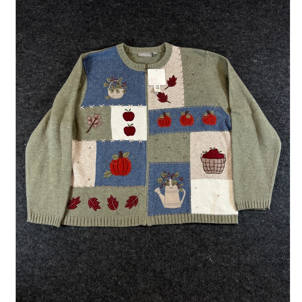 Vintage 90s Croft & Barrow Patchwork Harvest Zip Cardigan Sweater XL Green NWT